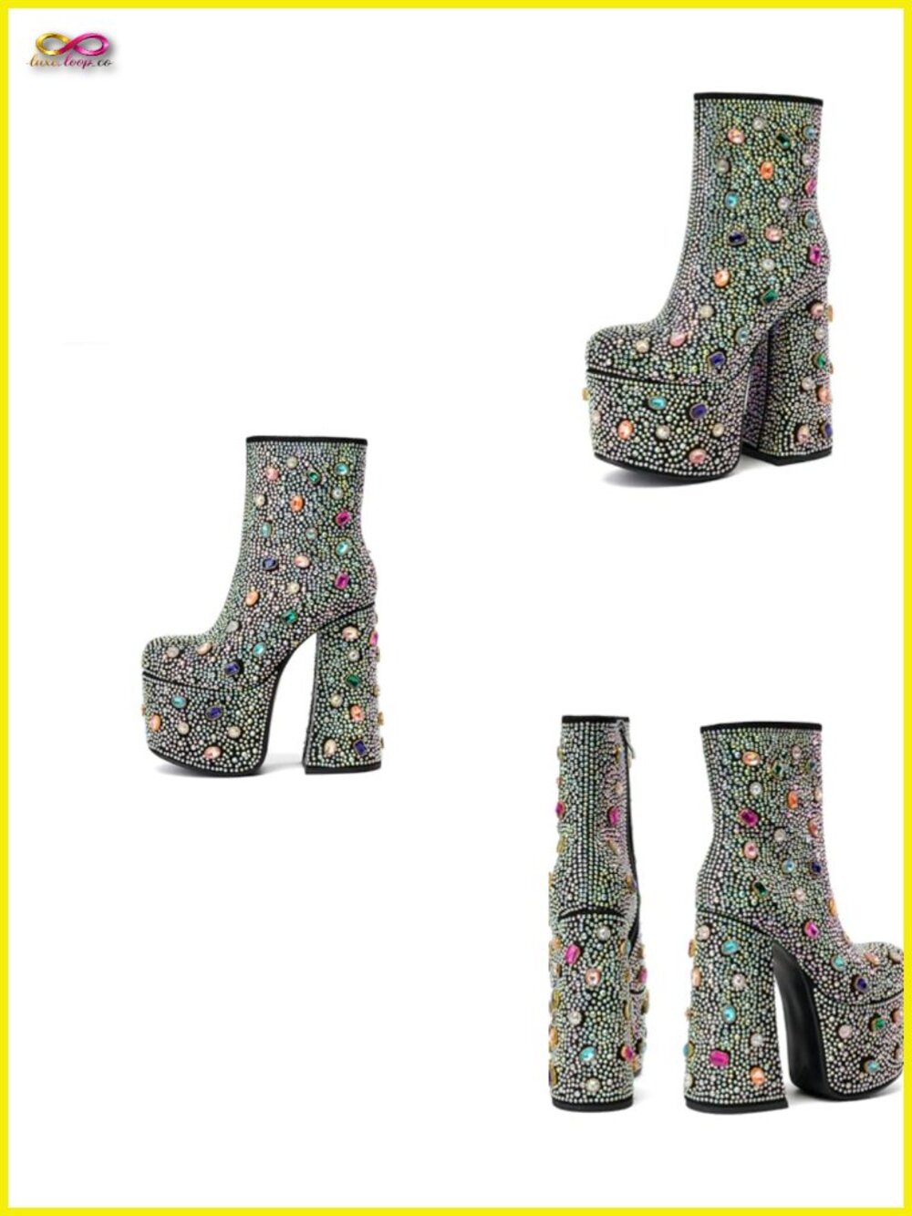 Rhinestone Platform Boots with Chunky Heel - Sparkly Ankle Boots for Party & - Picture 1 of 7